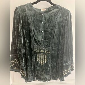 Velvet Embroidered Long Sleeve Women's Top - Slate Blue